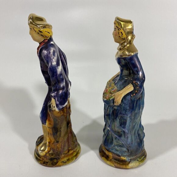 Vtg Staffordshire Man & Woman Majolica art Pottery Figurine Pair cottagecore - Picture 4 of 15